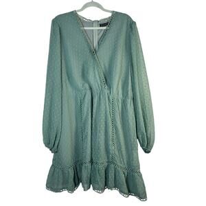 Swiss Dot Mini Dress Mint Green Long Sleeve Guipure Lace Wrap Plus Size 4XL